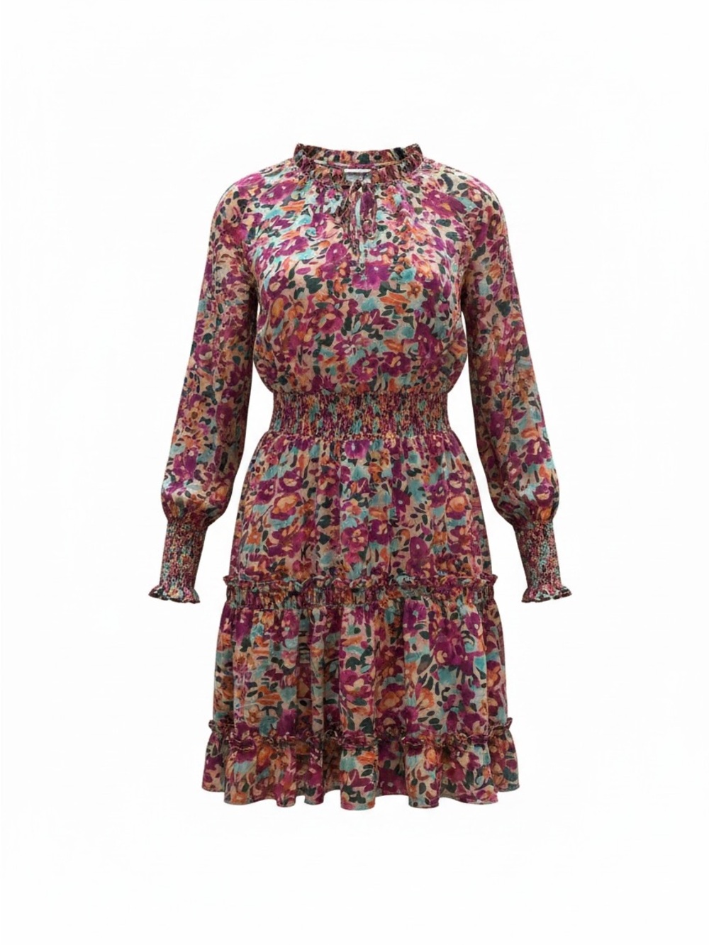 Smocked Waist Floral Mini Dress in Multi Pink